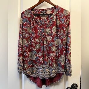 Lucky Brand Women’s Large Maroon Floral Boho 3/4 Sleeve Top